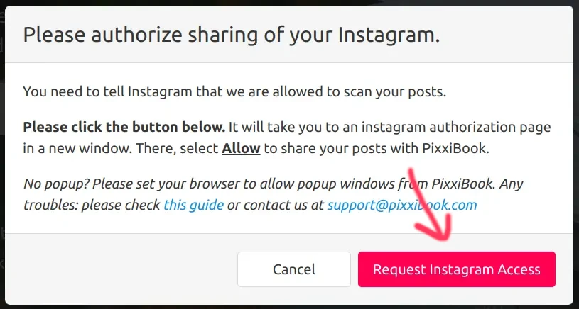 Authorization Required - click "Request Instagram Access" to proceed