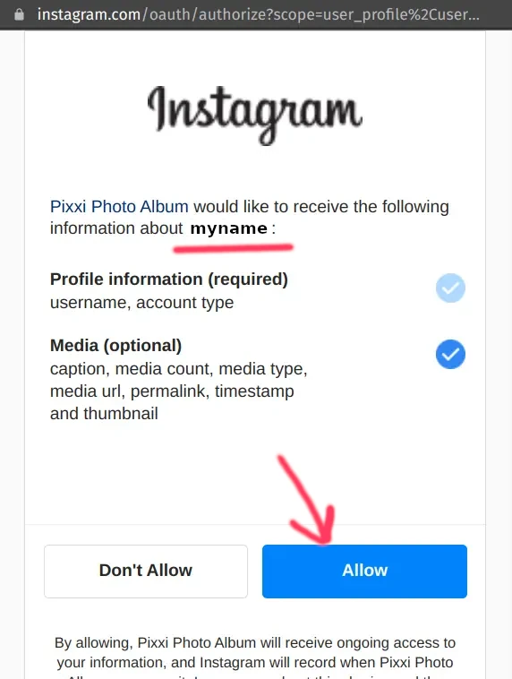 Instagram Authorization Window - click "Allow" to proceed